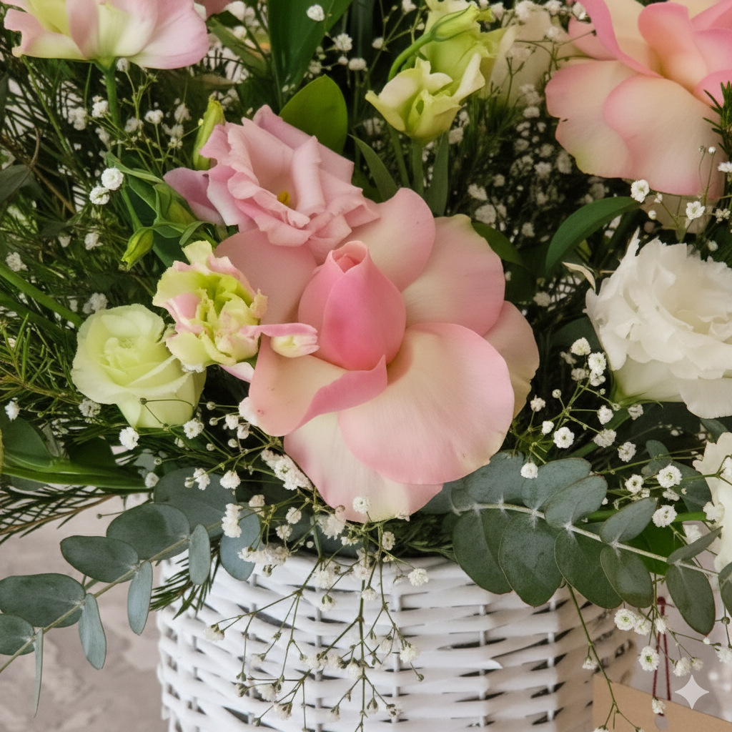 Ayaklı Beyaz Hasır Sepet Aranjmanları