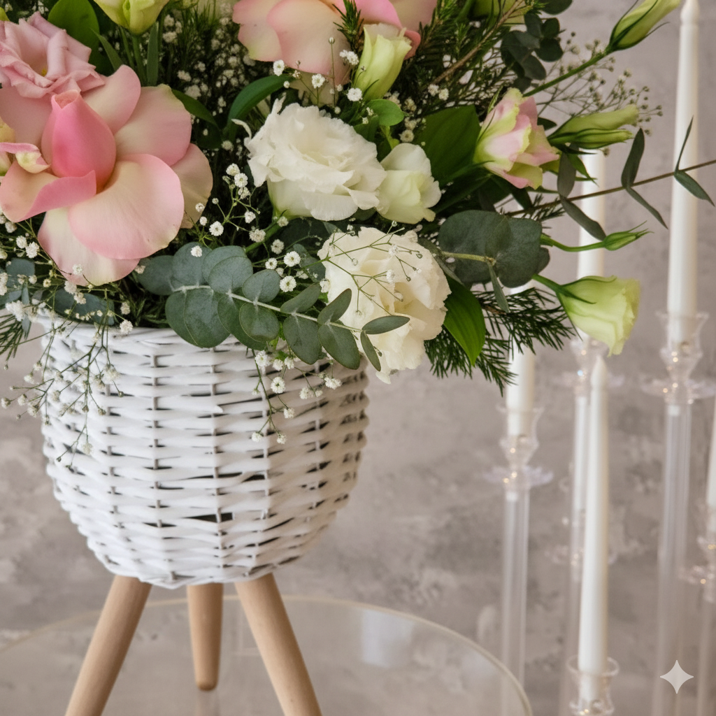 Ayaklı Beyaz Hasır Sepet Aranjmanları