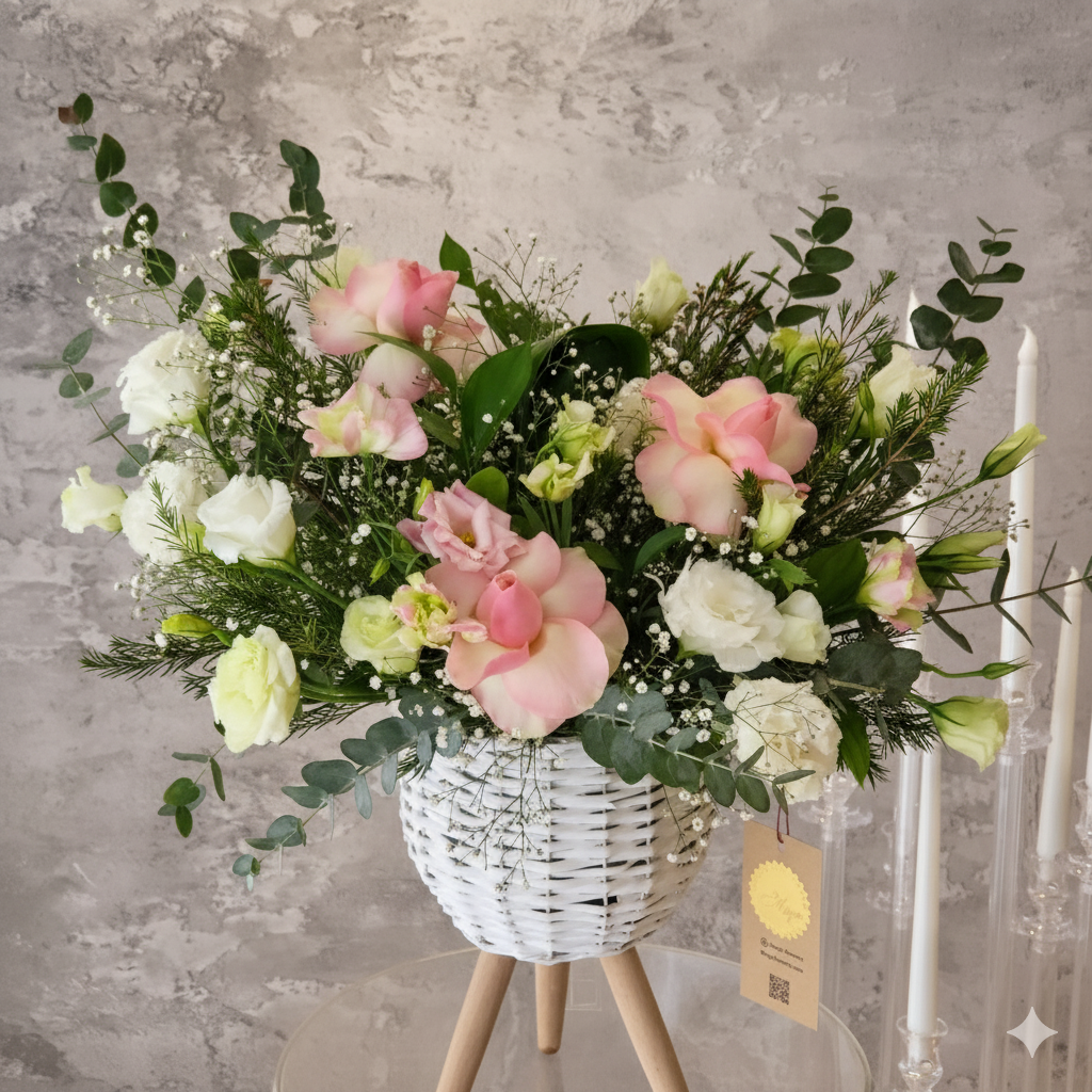 Ayaklı Beyaz Hasır Sepet Aranjmanları