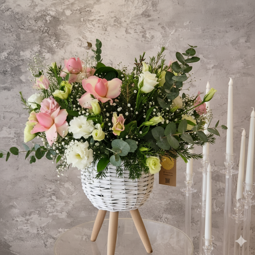 Ayaklı Beyaz Hasır Sepet Aranjmanları